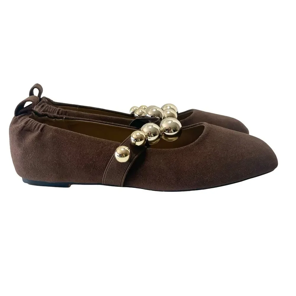 Lemonade The Colleen Ballet Flat Chocolate Brown Gold Metallic Pearl Strap Sz 8